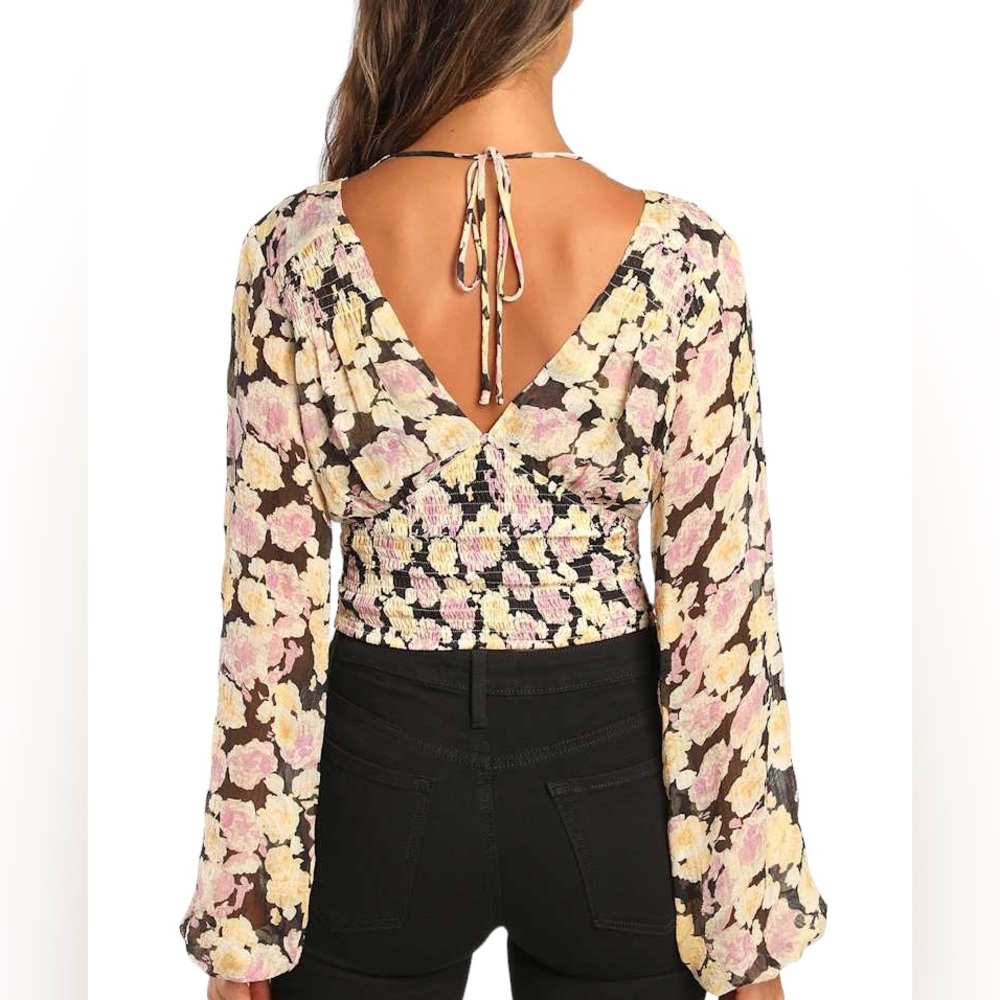 Lulus Romantic Impression Black Floral Smocked Tie Back Cropped Top - M - Picture 3 of 15